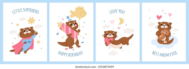 Cute otters cards. Funny little marine animals. Kids birthday party. Happy Mothers day. Love confession Valentine holiday. Cartoon weasel mascot with festive gifts