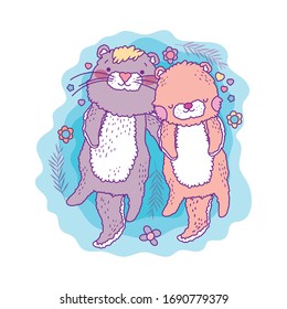 Cute otters cartoons couple design, Animal zoo life nature character childhood and adorable theme Vector illustration