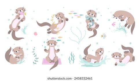 Cute otters characters. Otter poses isolated cartoon set. Funny animals swimming in river or lake, eating and playing. Nature nowaday vector clipart