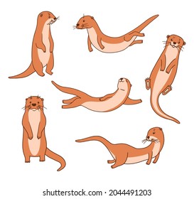 Cute otters in different actions, vector flat illustrations isolated on white background. Otters swimming and standing.