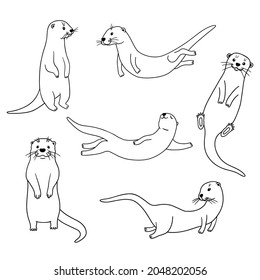 Cute otters in different actions, vector outline illustrations isolated on white background. Otters swimming and standing.