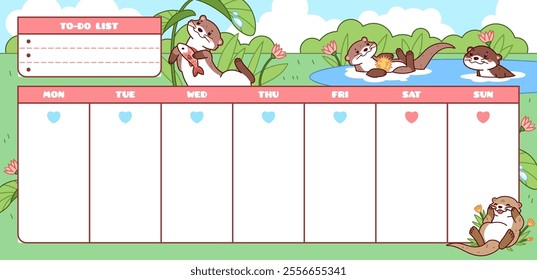 Cute otters kids weekly planner. Funny to do list with water mammals, wild animals swimming, fishing, schedule design, kids schedule, cartoon flat isolated, tidy vector timetable concept