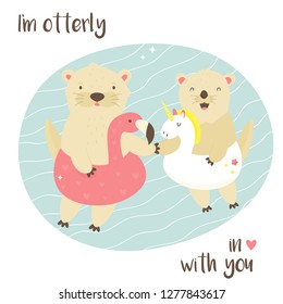 Cute otters in love swimming in a pool. Animal character vector illustration. Print design. Greeting romantic card