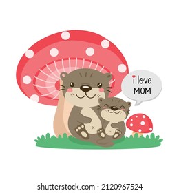 Cute Otters for Mother's Day. Otters mom and baby under mushrooms.