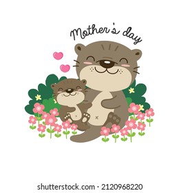 Cute Otters for Mother's Day. Otters mom and baby on flowers field.