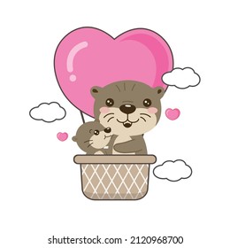 Cute Otters for Mother's Day. Otters mom and baby in the air balloon.