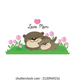Cute Otters for Mother's Day. Otters mom and baby sleep on flower field.