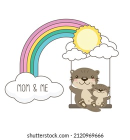 Cute Otters for Mother's Day. Otters mom and baby swing in the sky.