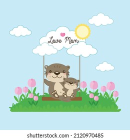 Cute Otters for Mother's Day. Otters mom and baby on a swing.