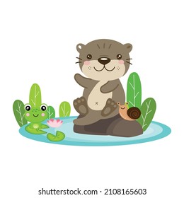 Cute otters sitting on rocks cartoon illustration. 