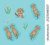 Cute otters vector illustration set. Baby otter animals, couple or family floating on water, animal characters isolated on blue background.