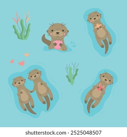 Conjunto de ilustrações vetoriais em lontras bonitas. Bebê lontra animais, casal ou família flutuando na água, personagens animais isolados no fundo azul.