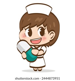 A cute outer outline cartoon style female nurse is recommending some services of pharmacy.