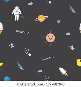 cute outer space, comet, jupiter, rocket, sun, moon and astronaut seamless pattern. Seamless pattern for wallpapers, Web page background. Cartoon style seamless pattern.