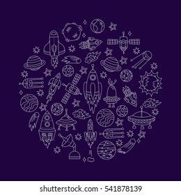 Cute outer space cosmos doodles white round collection on dark blue background