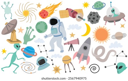 Cute outer space design elements set  isolated on white background.