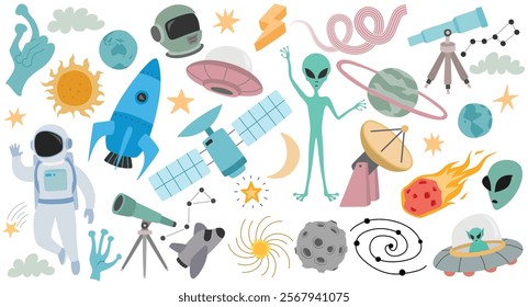 Cute outer space design elements set  isolated on white background.