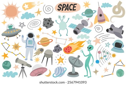 Cute outer space design elements set  isolated on white background.