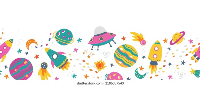 Cute outer space design for kids, fun rockets, planets, stars - great for textiles, banners, wallpapers, wrapping - vector design