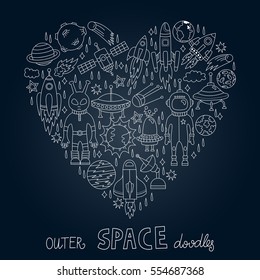Cute outer space doodles with rockets alien astronaut planets sun shuttle vector set as heart shape