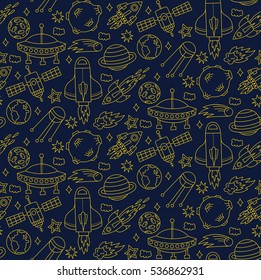 Cute outer space doodles ufos spaceships rockets shuttle asteroid satellite seamless vector pattern