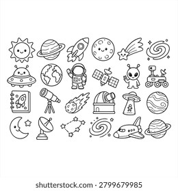 Cute Outer Space Elements Coloring Page Vector Set