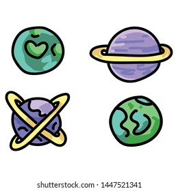 Cute outer space planets cartoon vector illustration motif set. Hand drawn isolated galaxy elements clipart for planetary blog, educational childrens graphic, sci fi web buttons.