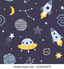 Cute outer space scandinavian pattern. Cosmic vector seamless print for textile and fabric.