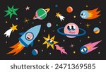 Cute outer space set. Cosmic bundle with funny cartoon characters, spaceships, planet, comet and stars. Trendy modern vector illustration, hand drawn, flat design