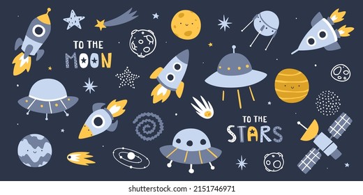 Cute outer space set. Cosmic scandinavian vector collection. Doodle spaceships stickers bundle.