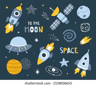 Cute outer space set. Cosmic scandinavian vector prints collection. Doodle spaceships stickers bundle.