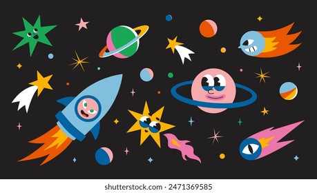 Cute outer space set. Cosmic bundle with funny cartoon characters, spaceships, planet, comet and stars. Trendy modern vector illustration, hand drawn, flat design