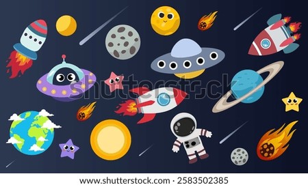 Cute outer space set. Cosmic bundle with doodle spaceships and planet. Collection of naive stellar stickers.