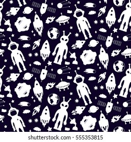 Cute outer space silhouettes with rocket astronaut seamless vector pattern