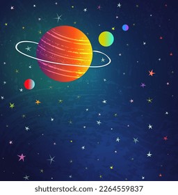 Cute outer space with stars and planets background for kids. Modern hand drawn cosmos wallpaper for children. Colorful vector graphics for little astronauts.