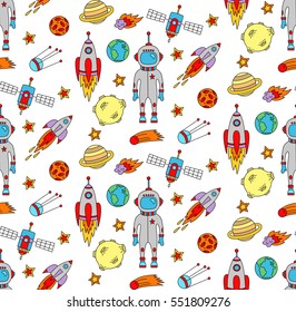Cute outer space symbols doodles seamless vector pattern on white background with rocket spaceship cosmonaut in helmet satellite stars and planets