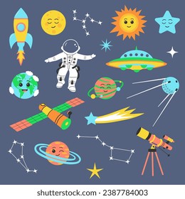 Cute outer space universe set. Cosmic bundle with cartoon planets, spaceship, satellites, astronaut and constellations. Collection of naive stellar stickers.