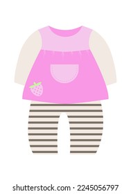 Cute outfit for baby girl with pink long sleeve t-shirt with strawberry and pants. Vector illustration isolated design