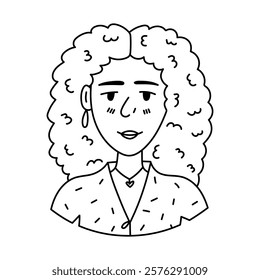 Cute outline African American lady portrait for social media, poster design. Hand drawn feminine character with curly volume afro hair. Trendy symbol of diversity, International Women Day, community