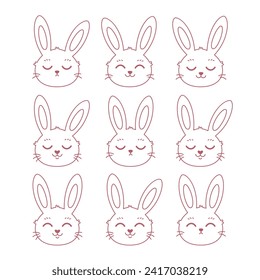 Cute outline bunny faces. Easter white rabbit. Coloring book. Hand drawn vector illustration