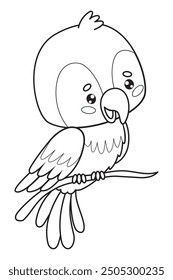 Cute outline cartoon Ara parrot on branch. Funny kawaii bird. Line drawing, coloring book. Vector illustration. Kids collection