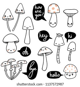 Cute outline cartoon mushrooms with faces and speech bubbles. Set of funny forest mushroom characters. Emoticon, emoji set vector collection