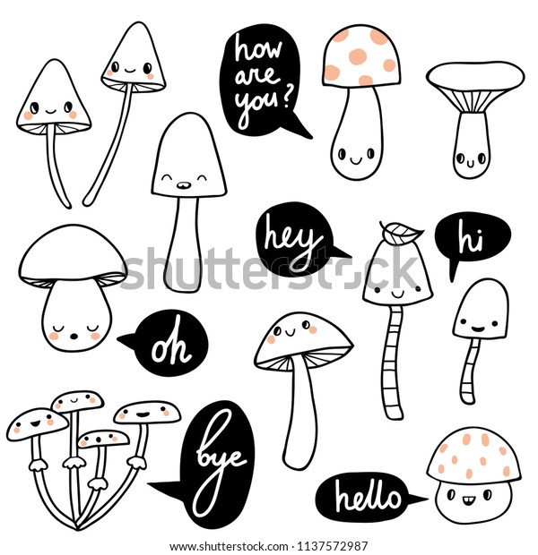 Cute Outline Cartoon Mushrooms Faces Speech Stock Vector (Royalty Free) 1137572987