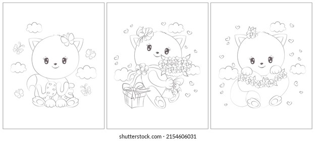 Cute outline cats for coloring pages. Set of 3 pages for a coloring book. Cute animal vector illustration in black and white. Outline animals for coloring pages.
