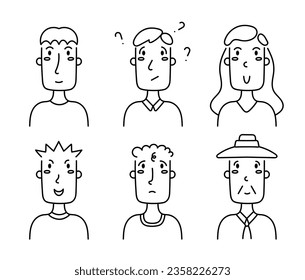 Cute outline character vetor illustration ethnicity people, young and old, man and woman. Trendy faces of people in a linear style. Outline, linear, thin line art, hand drawn sketch, doodle style