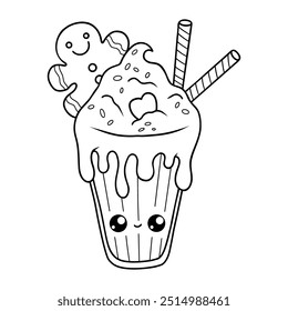 Cute outline Christmas milk shake with dessert, gingerbread man and striped candies. Funny cartoon kawaii character drink. Line drawing, coloring book. Vector illustration. Kids collection