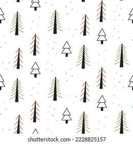 Cute outline Christmas tree seamless pattern. Minimalist doodle Pine Paper
 Baby Shower Scandinavian wallpaper background. Textile fabric design for kids