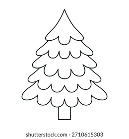 Cute outline Christmas tree with soft scalloped branches, drawn in simple cozy style for background, coloring page, card, print, Christmas, winter, nature, holiday, kids graphics. Minimalist line art.
