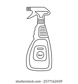 Cute outline cleaning spray bottle to cleanse kitchen, bathroom plumbing. Hand drawn dispenser with a spray nozzle to tidy up apartment. Funny doodle of detergent liquid isolated on white background.