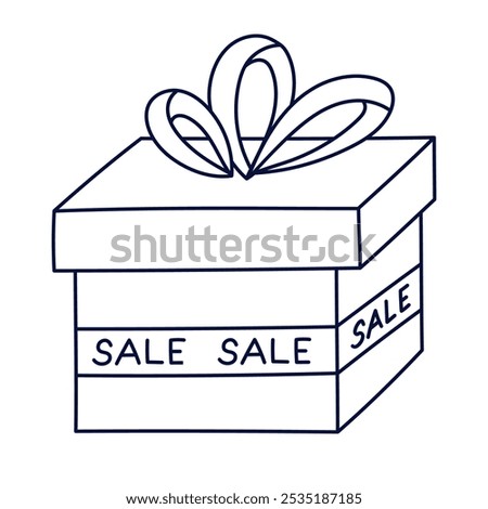 Cute outline closed gift box with bow and lettering Sale on ribbon. Present with discount tag for Black Friday, holiday price off, promo offer. Hand drawn doodle gift isolated on background